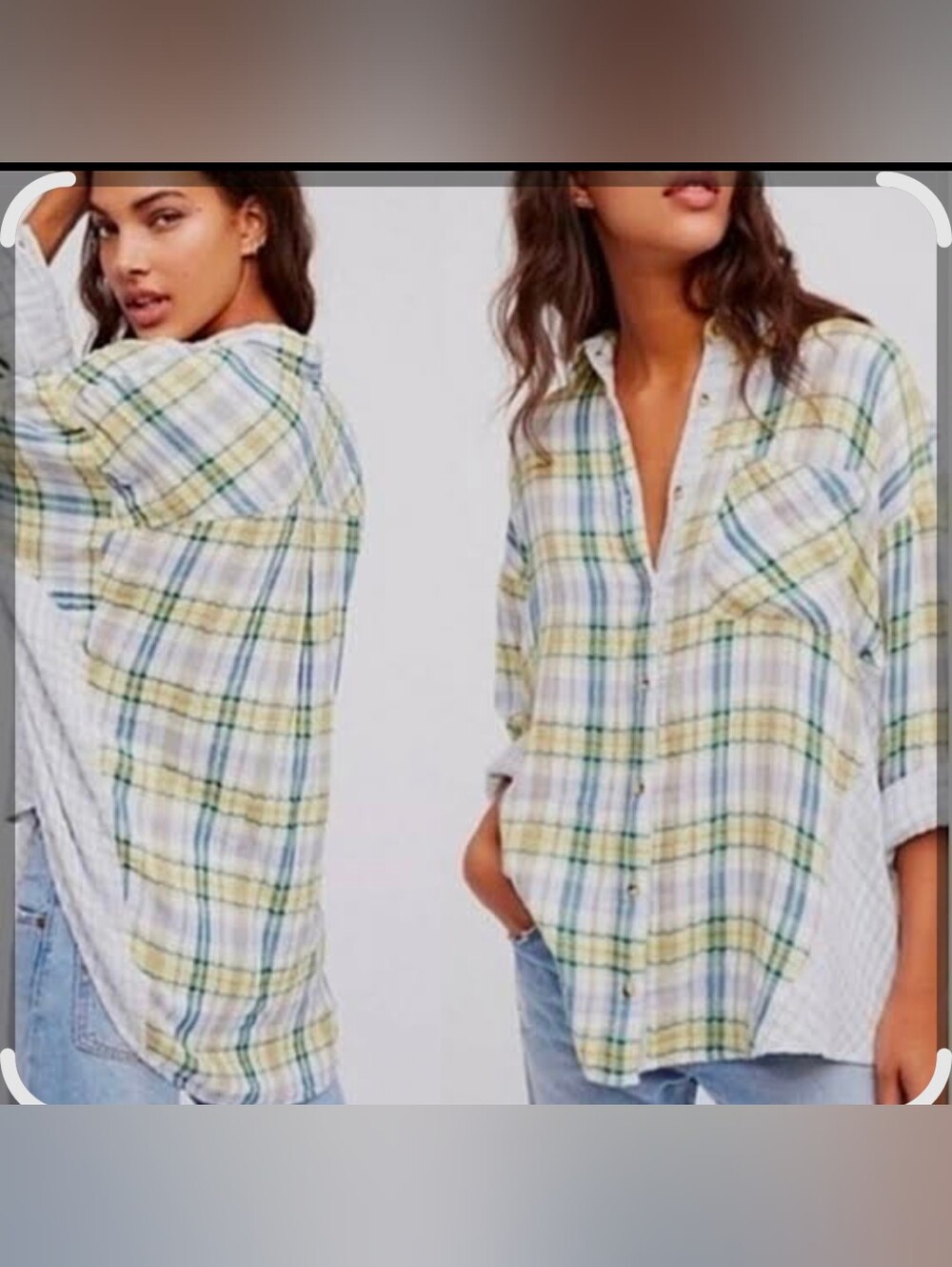 Free People Plaid Cotton Gauze Button Front Oversized Dolman Shirt No Size Tag
